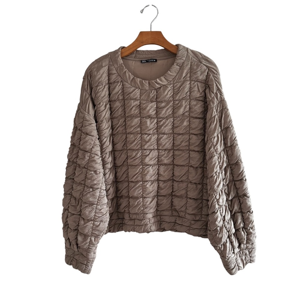 Zara Quilted Pullover Crewneck Sweatshirt Top Xl Taupe - Picture 2 of 8